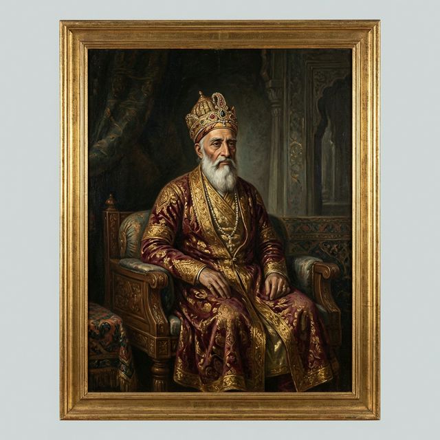 Portrait painting of Bahadur Shah Zafar — elderly Mughal emperor with white beard, ornate crown and royal robes, regal but weary expression, classical Indian miniature art style