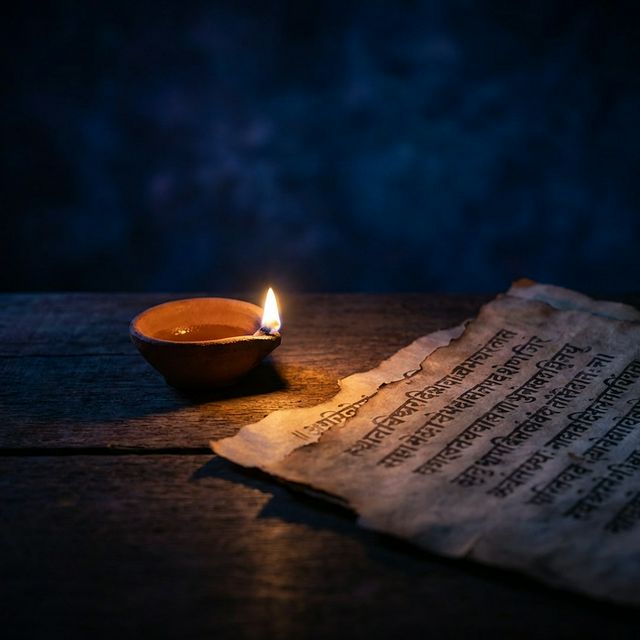 Lit diya lamp illuminating ancient text in darkness — symbolizing educational mission, warm golden light on deep indigo