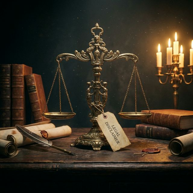 Legal scroll and scales of justice on dark desk — deep indigo with warm amber lighting