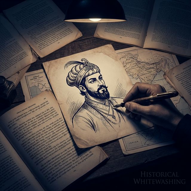Scattered textbook pages with pen drawing romanticized Mughal ruler — symbolizing historical whitewashing