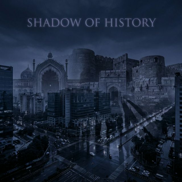 Modern Indian cityscape blending with ghostly Mughal-era ruins — shadow of history on modern India