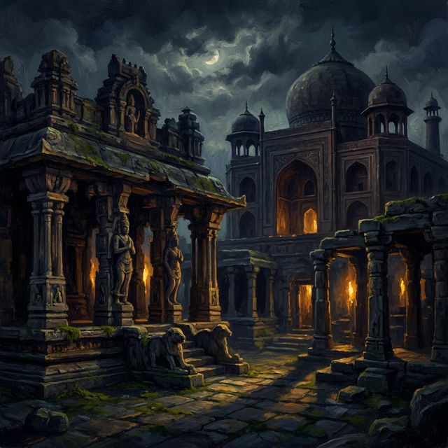 Ruins of ancient Hindu temples with Mughal buildings on top — symbolizing cultural imposition, deep indigo tones