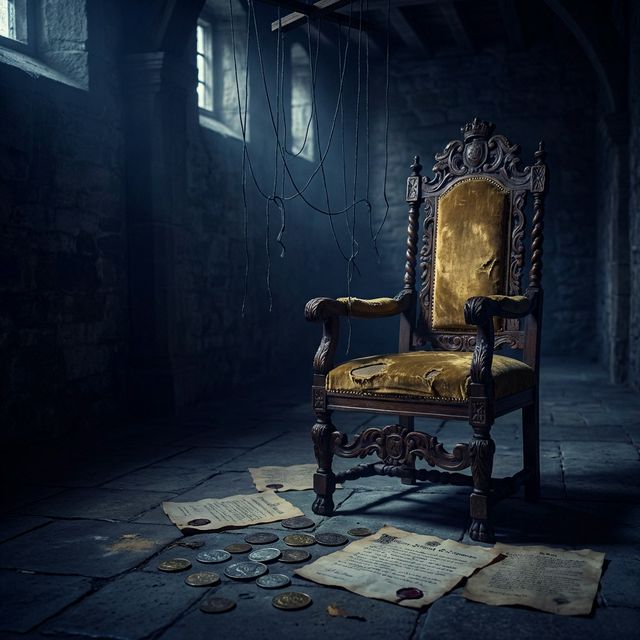 Empty golden throne with puppet strings hanging from above, British colonial coins scattered around — symbolizing puppet ruler