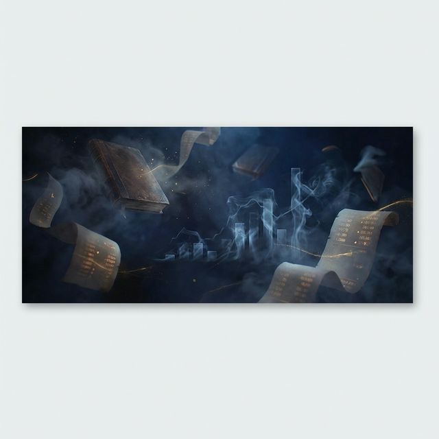 Ancient ledgers with glowing data points floating in darkness — deep indigo with amber highlights