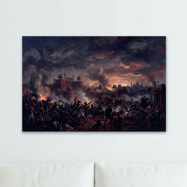 Dramatic 1857 Indian revolt scene — Delhi skyline, Red Fort, smoke and flames, soldiers in chaos, deep indigo and crimson tones