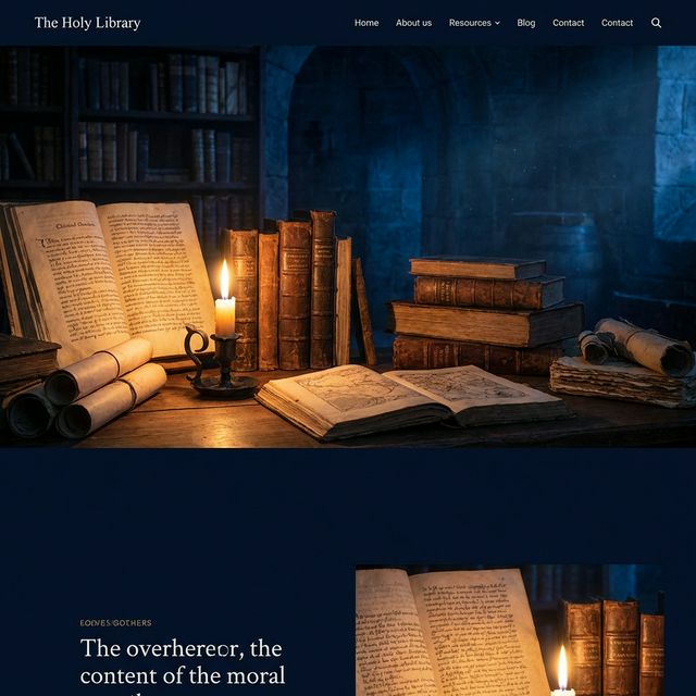 Ancient books, scrolls and manuscripts on dark desk with candlelight — deep indigo with warm amber candlelight