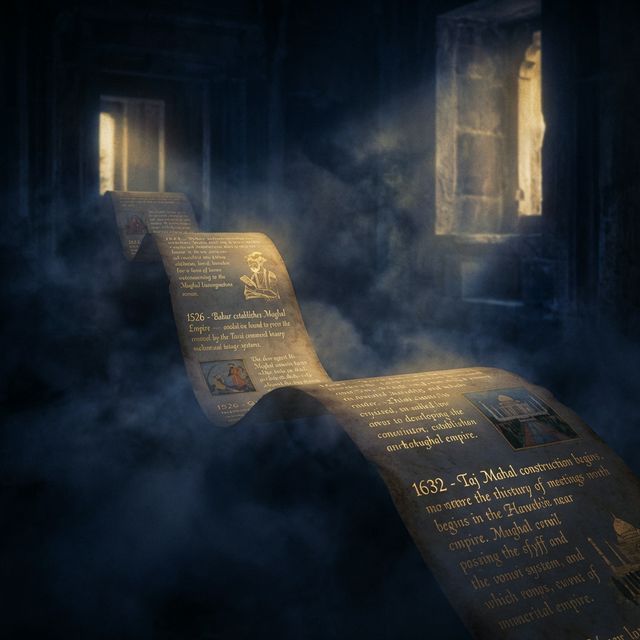 Ancient ornate timeline scroll unfurling through misty darkness with gold writing — deep indigo and midnight blue tones