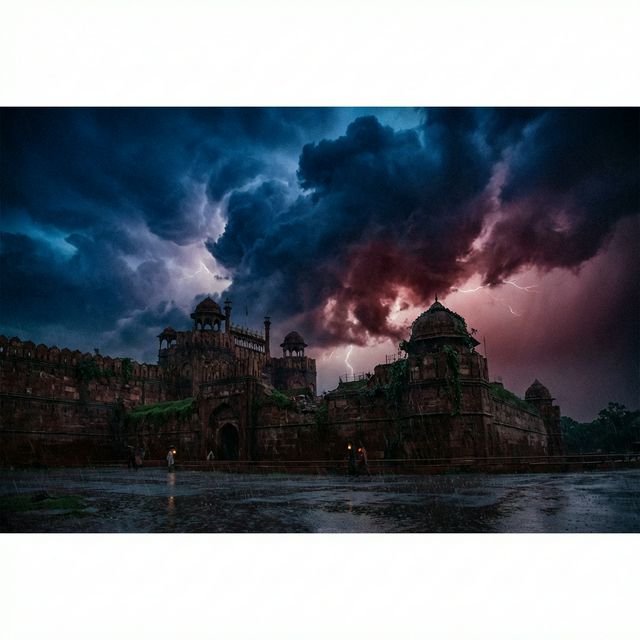 Dramatic scene of the Red Fort in Delhi at dusk, storm clouds overhead, symbolizing the fall of the Mughal Empire — deep indigo and midnight blue sky with crimson undertones